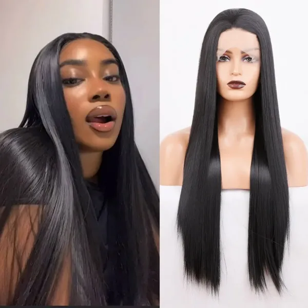 perruque lace front wig synthétique longue et lisse 1b 26 pouces